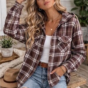 Carhartt Hooded Flannel Shirt Brown Plaid Elbow Patch Size Large 12/14